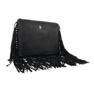 Daniela Fargion Black Leather Suede Fringe Pouch Clutch